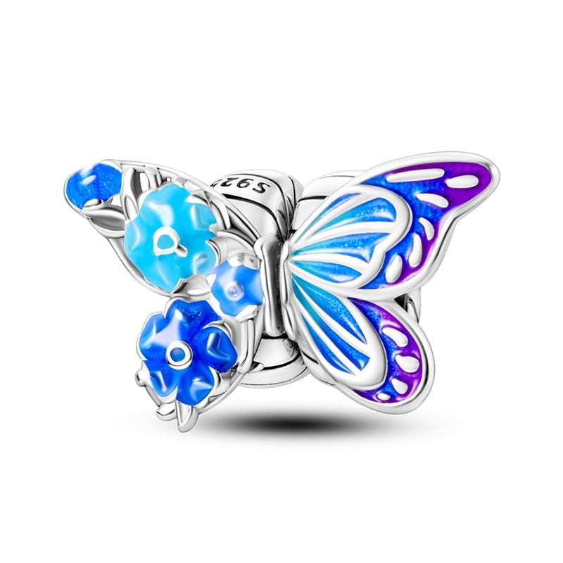 Charm séparable papillon bleu et fleurs en argent Default Title - Korell charms