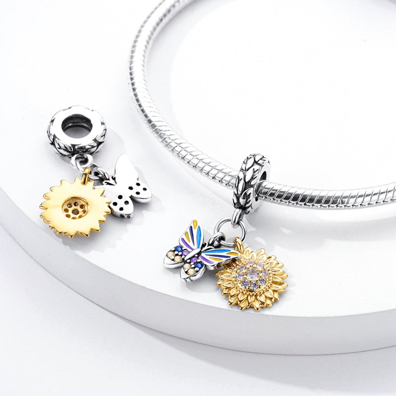 Charm pendentif double papillon et tournesol en argent - Korell charms