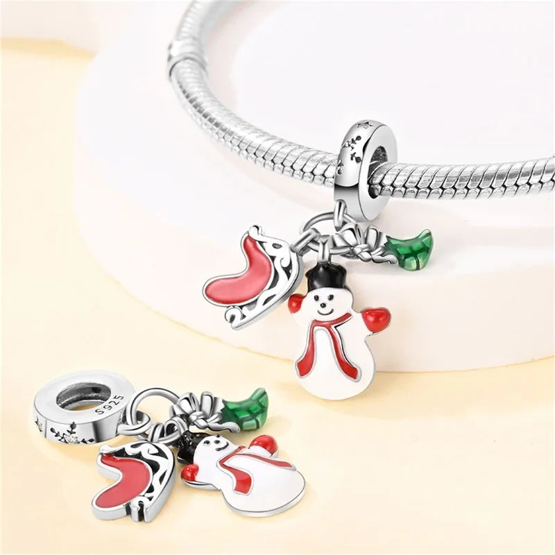 Charm pendentif triple bonhomme de neige, traineau et chaussette de Noël en argent - Korell charms