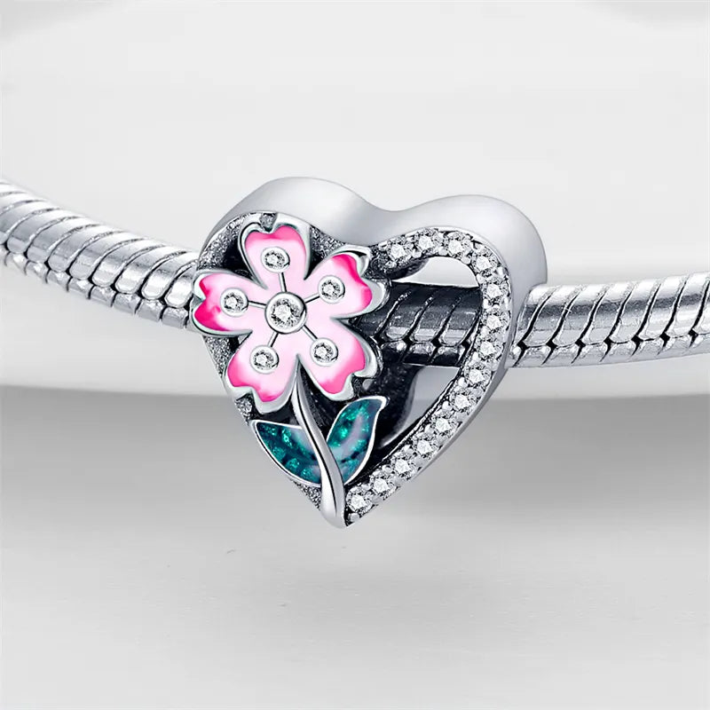 Charm cœur fleur rose en argent - Korell charms