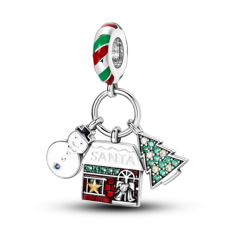 Charm pendentif triple maison du Père Noël, bonhomme de neige et et sapin en argent - Korell charms