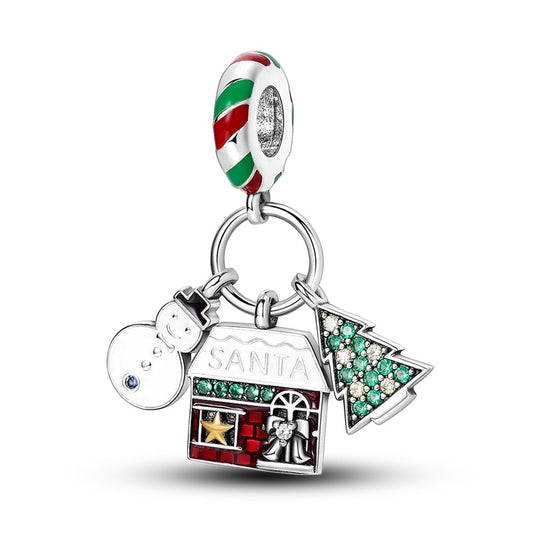 Charm pendentif triple maison du Père Noël, bonhomme de neige et et sapin en argent - Korell charms