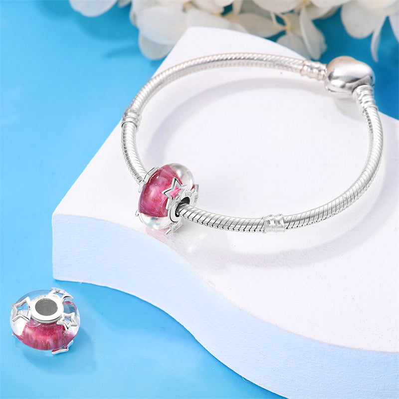 Charm séparateur Murano rose et blanc et étoiles en argent - Korell charms