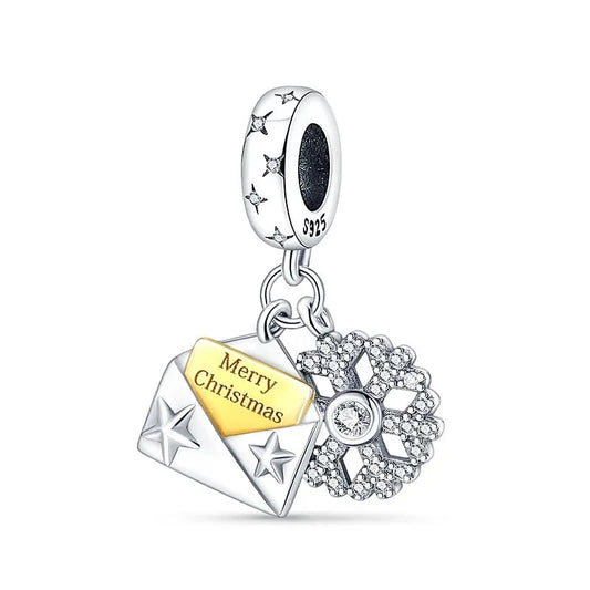 Charm pendentif double lettre de vœux de Noël et flocon en argent Default Title - Korell charms