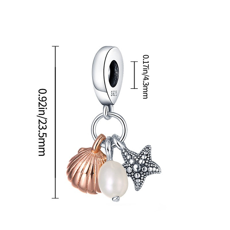 Charm pendentif triple perle étoile de mer et coquillage doré en argent - Korell charms