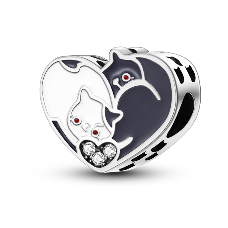 Charm cœur chat gris et chat blanc en argent - Korell charms