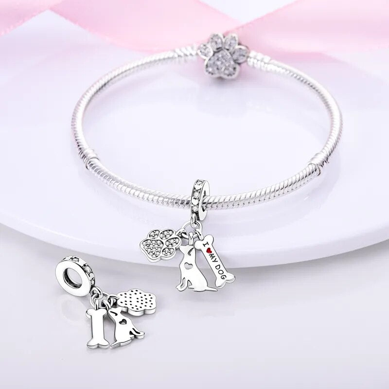 Charm pendentif triple chien, os, empreinte en argent - Korell charms