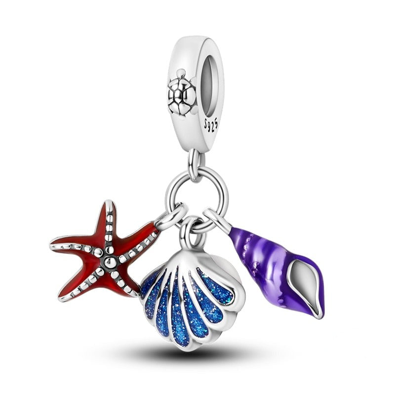 Charm pendentif triple étoile de mer, escargot et coquillage avec perle en argent Default Title - Korell charms