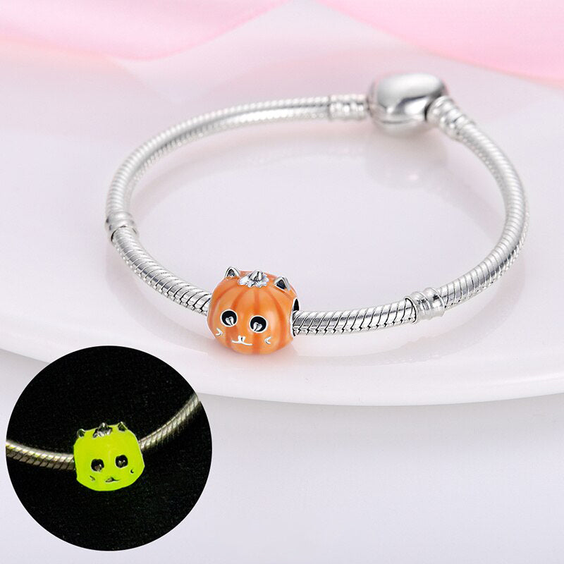 Charm Halloween chat citrouille en argent - lumineux - Korell charms