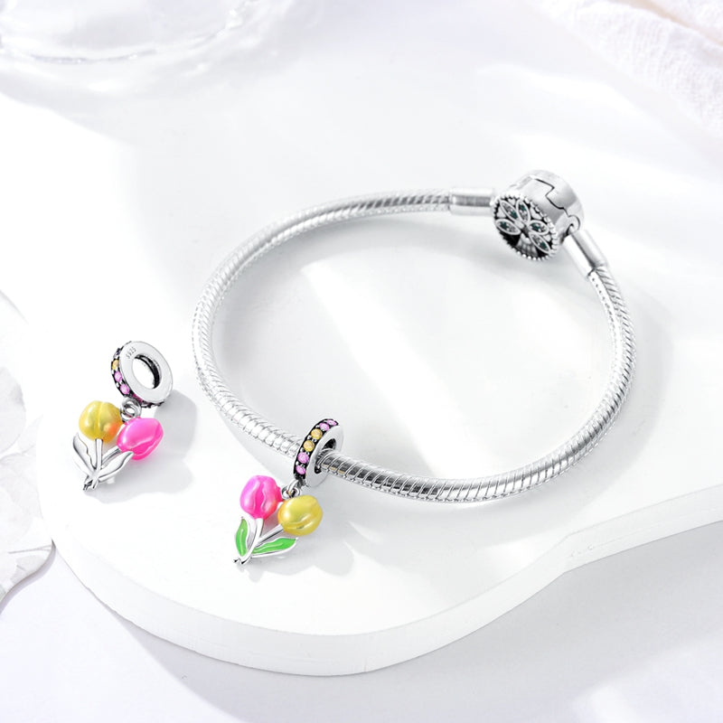 Charm pendentif tulipes jaunes et roses en argent - Korell charms