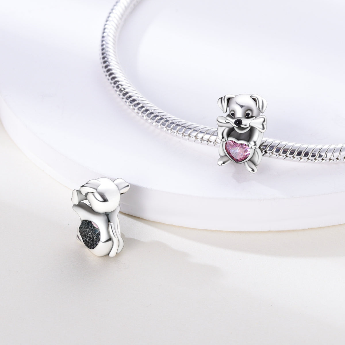 Charm chien et os cœur rose en argent - Korell charms