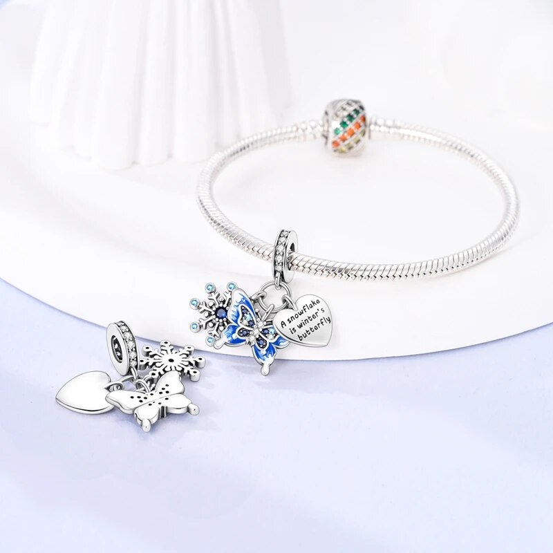 Charm pendentif triple flocon, papillon bleu et cœur en argent - Korell charms