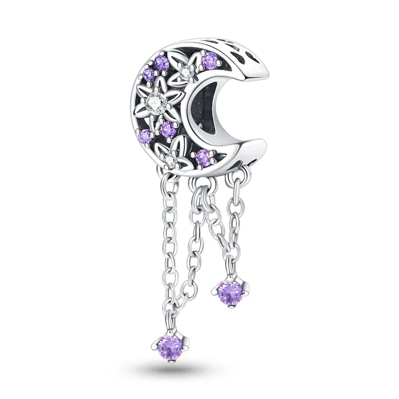 Charm lune, fleurs et chaines cristaux violets en argent - Korell charms