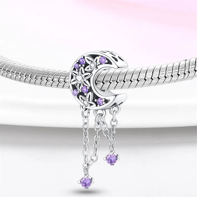 Charm lune, fleurs et chaines cristaux violets en argent - Korell charms