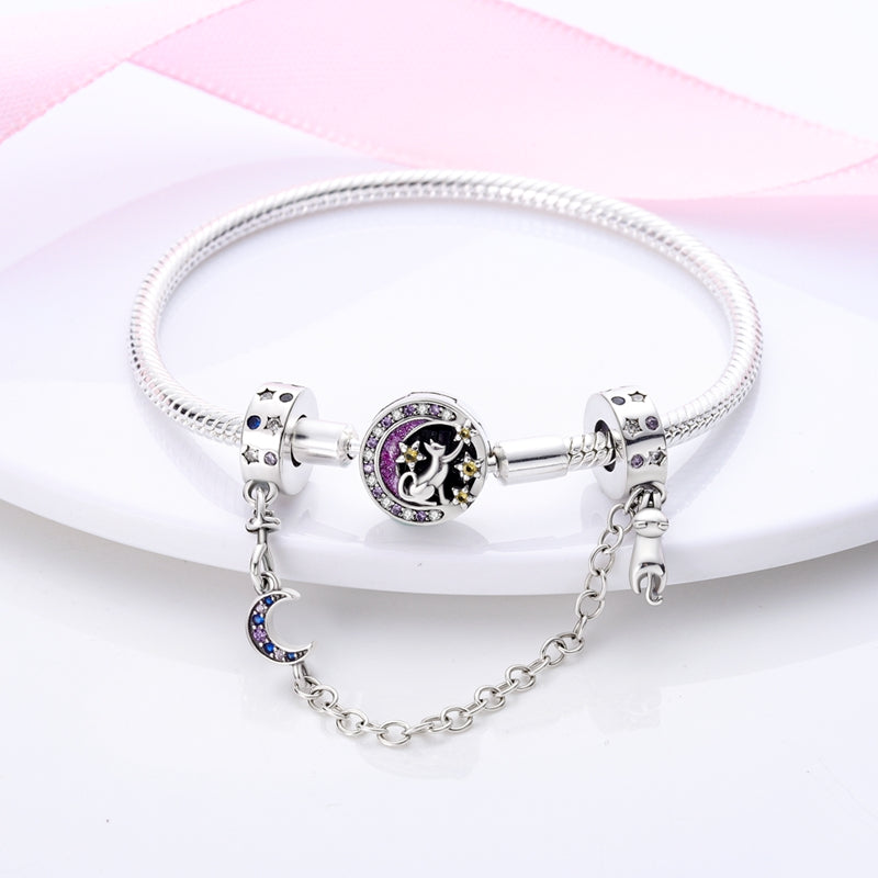 Charm chaîne chat, lune et étoiles en argent - Korell charms