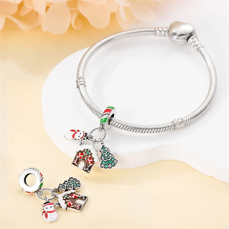 Charm pendentif triple bonhomme de neige, chalet et sapin en argent - Korell charms