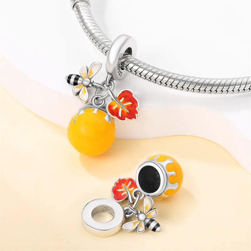 Charm pendentif triple miel, abeille et feuille d'automne en argent - Korell charms