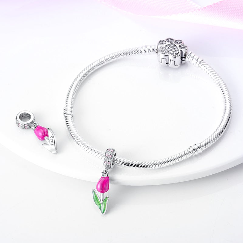 Charm pendentif fleur de tulipe rose en argent - Korell charms