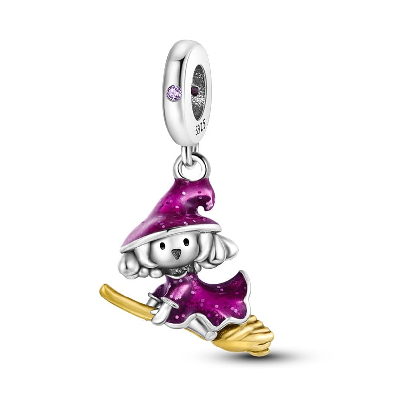 Charm pendentif Halloween sorcière rose sur balai en argent Default Title - Korell charms