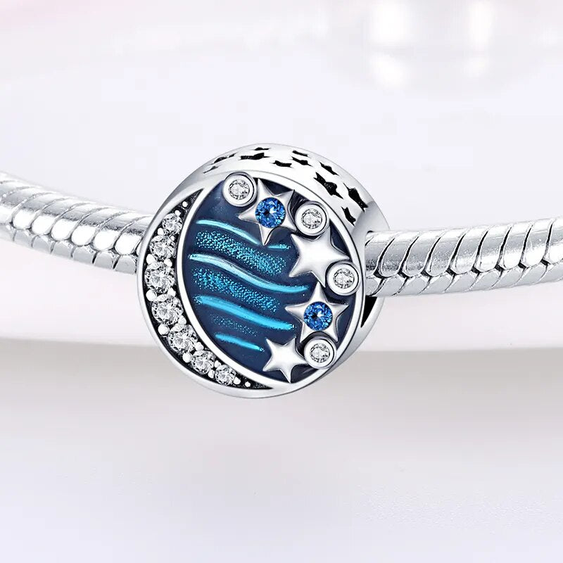 Charm rond lune et étoiles en argent - Korell charms