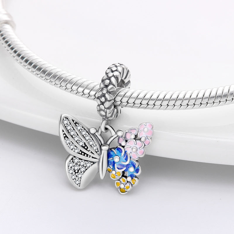 Charm pendentif papillon et fleurs en argent - Korell charms