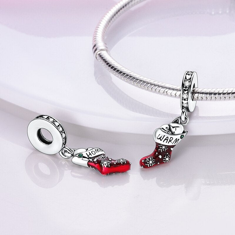 Charm pendentif chaussette de Noël et chat en argent - Korell charms