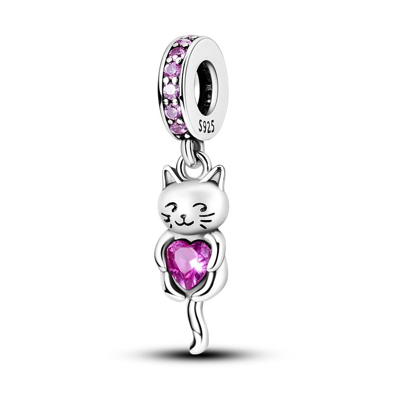 Charm pendentif chat avec cœur rose en argent Default Title - Korell charms