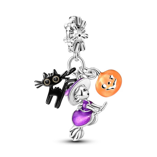 Charm pendentif triple Halloween chat noir, sorcière et citrouille en argent - lumineux - Korell charms