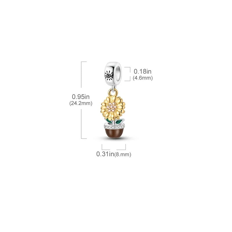 Charm pendentif fleur de tournesol en pot en argent - Korell charms