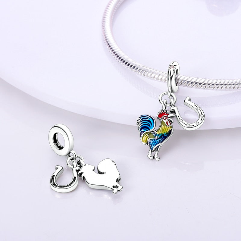 Charm pendentif oiseau coq et fer à cheval en argent - Korell charms