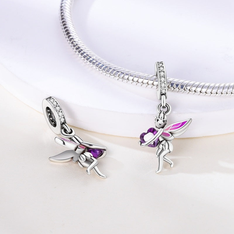 Charm pendentif petite fée et cœur violet en argent - Korell charms