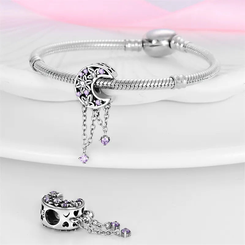 Charm lune, fleurs et chaines cristaux violets en argent - Korell charms