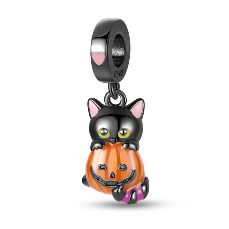 Charm pendentif Halloween chat noir et citrouille en argent - lumineux - Korell charms