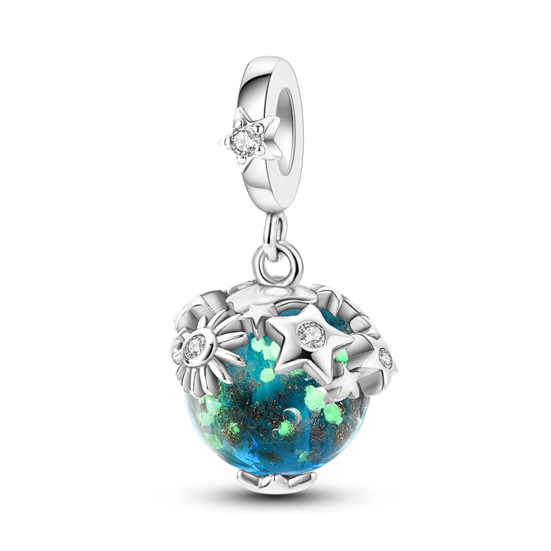 Charm pendentif boule de neige et étoiles en argent - lumineux - Korell charms