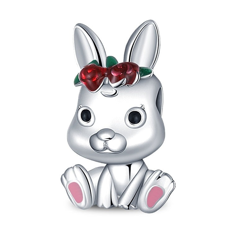 Charm lapin fleurs rouges en argent Default Title - Korell charms