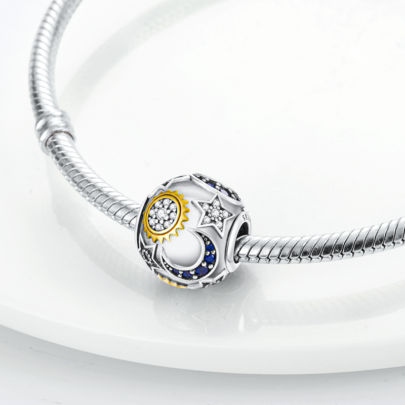 Charm perle soleil, quartier lune et étoiles en argent - Korell charms