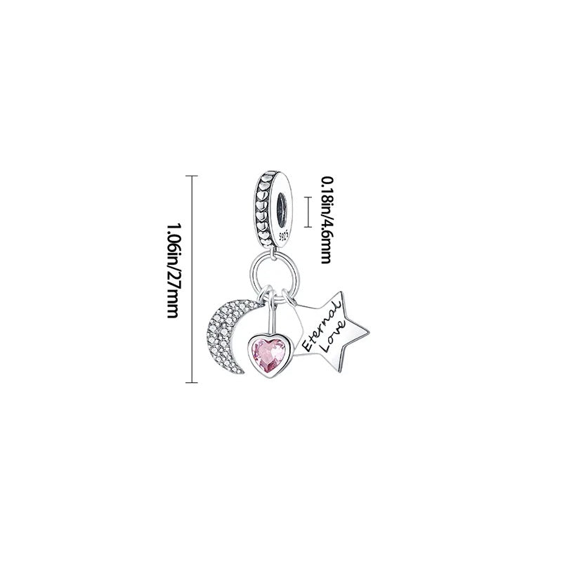 Charm pendentif triple lune, étoile et cœur rose en argent - Korell charms