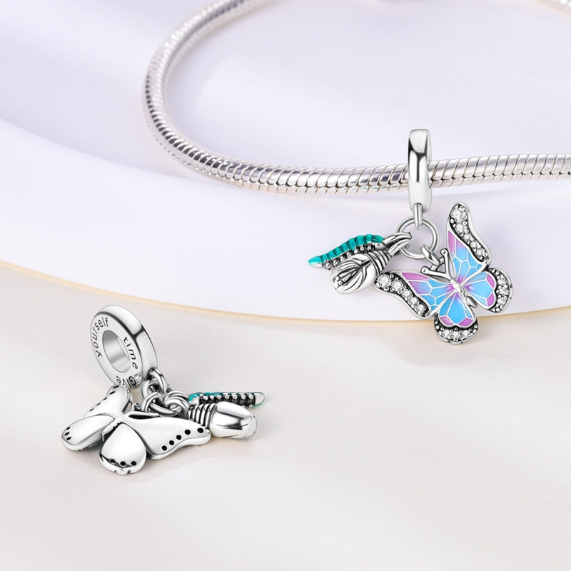 Charm pendentif triple chenille, chrysalide et papillon en argent - Korell charms