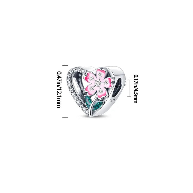 Charm cœur fleur rose en argent - Korell charms