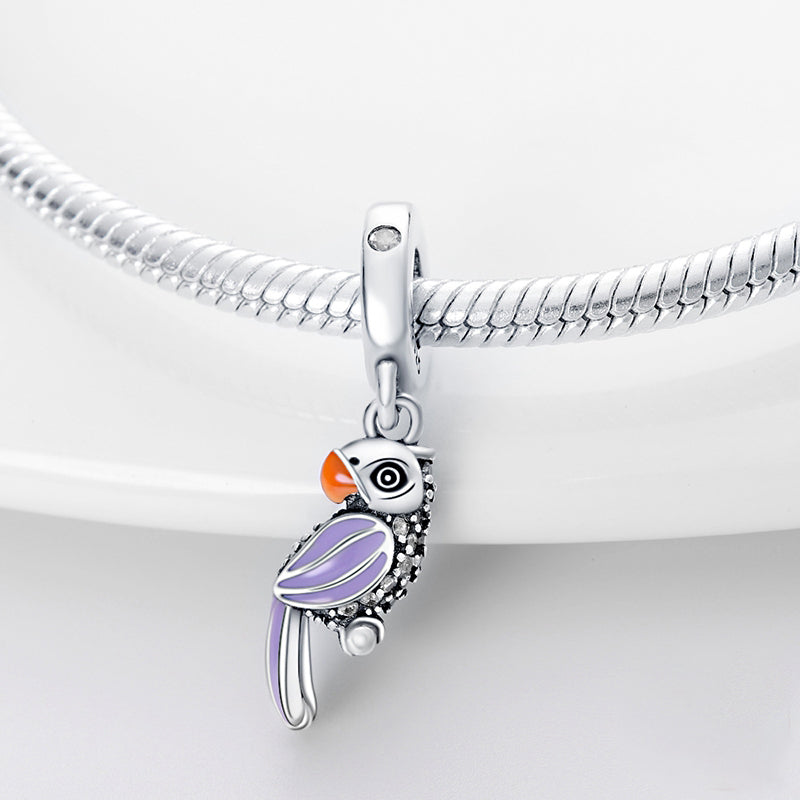 Charm pendentif oiseau perroquet violet en argent - Korell charms