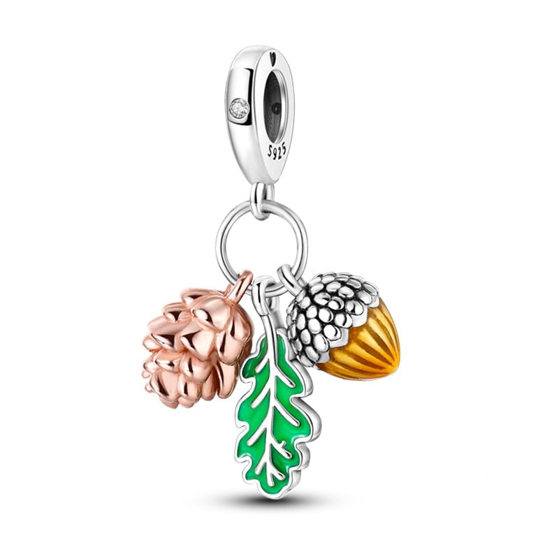 Charm pendentif triple gland, feuille et fleur de chêne en argent Default Title - Korell charms