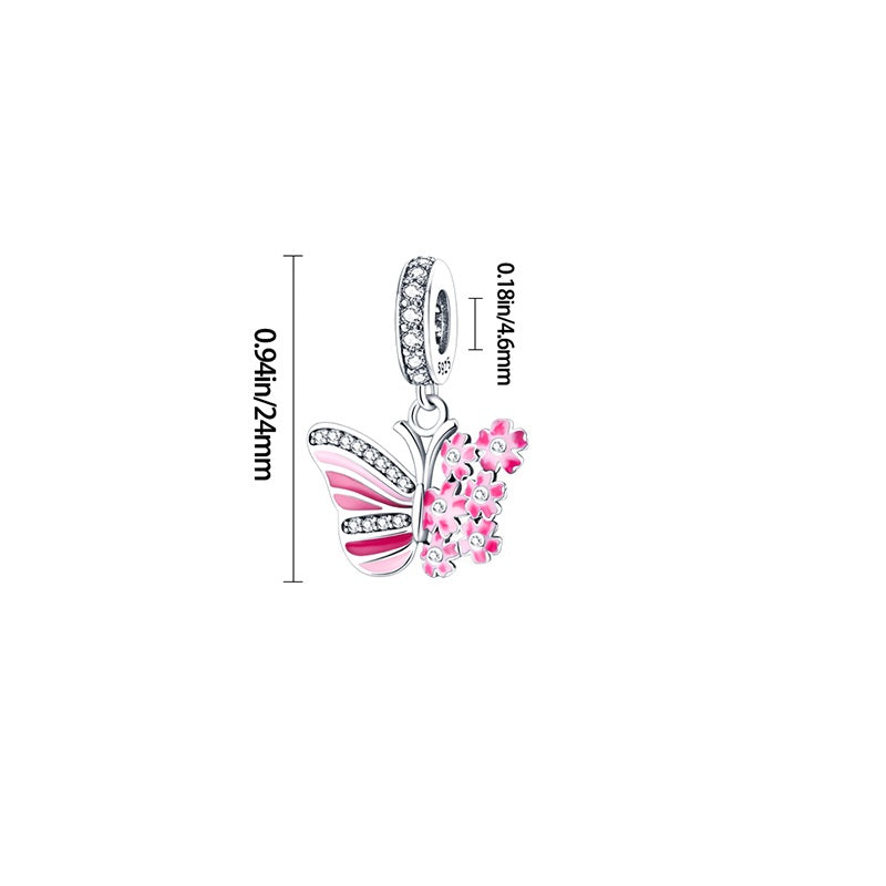 Charm pendentif papillon rose et fleurs en argent - Korell charms