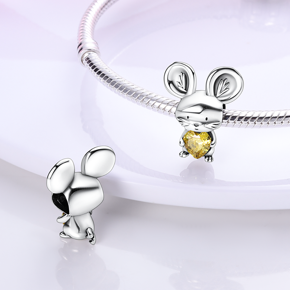 Charm souris et cœur jaune en argent - Korell charms