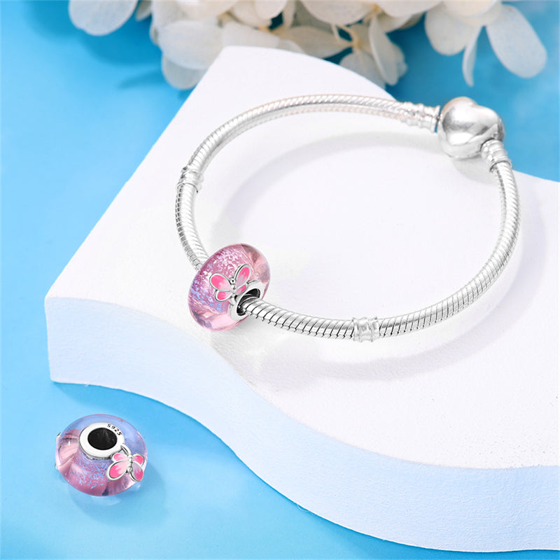 Charm séparateur Murano rose et papillon en argent - Korell charms