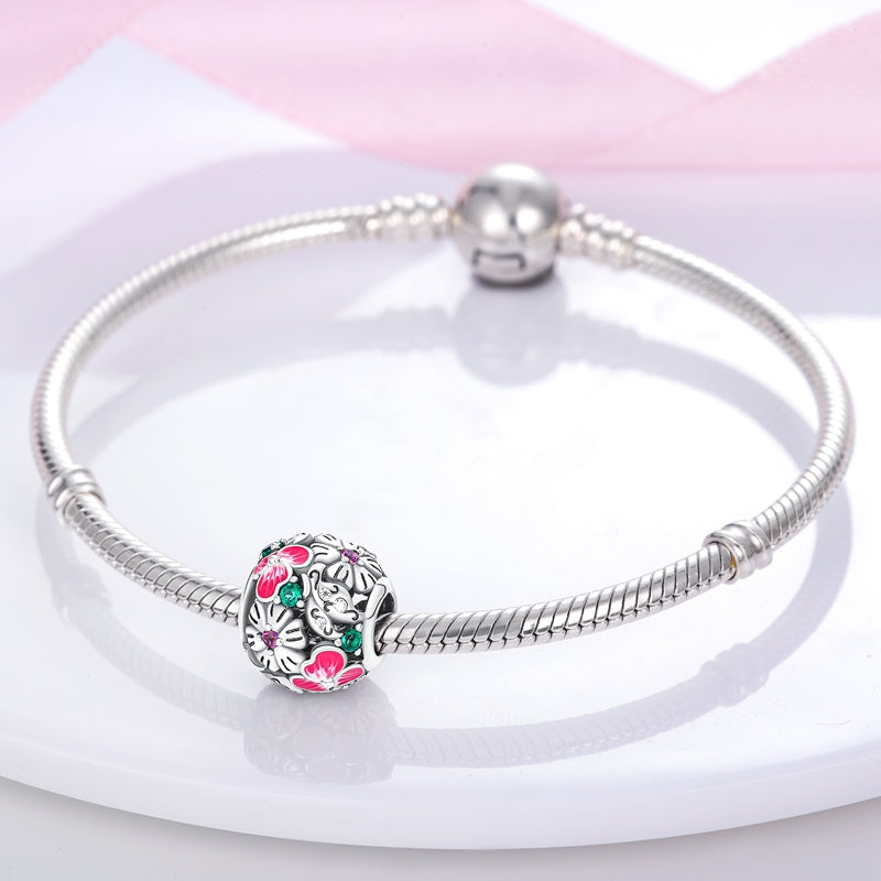 Charm perle fleurs argentées et roses en argent - Korell charms