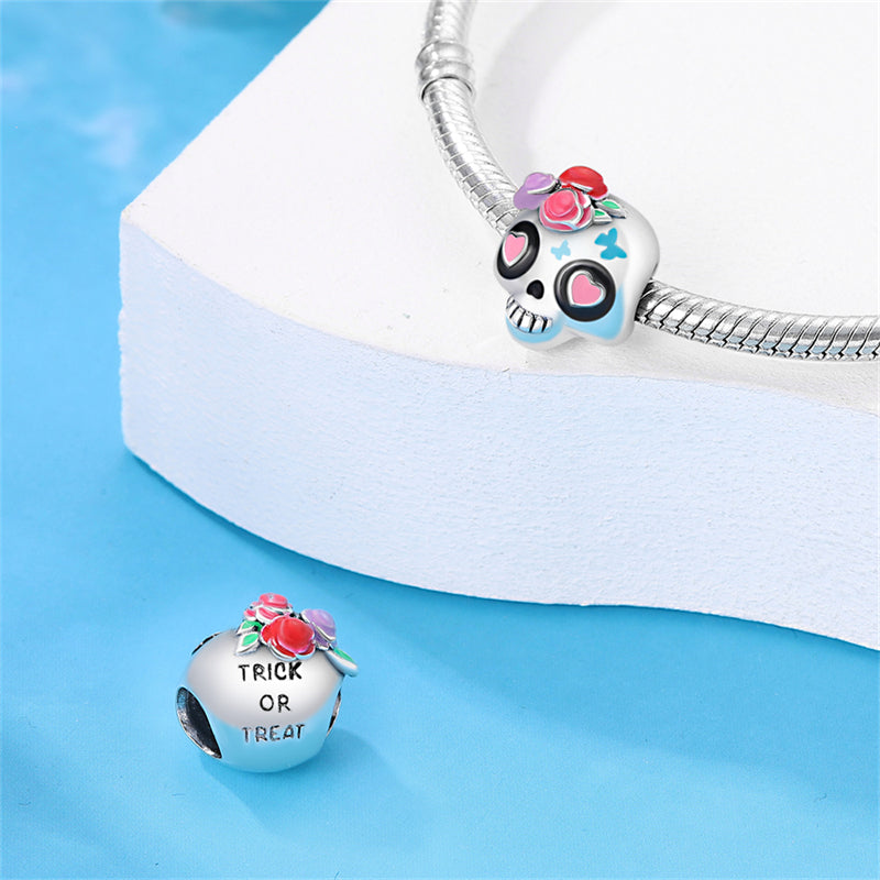 Charm Halloween crâne et fleurs en argent - Korell charms