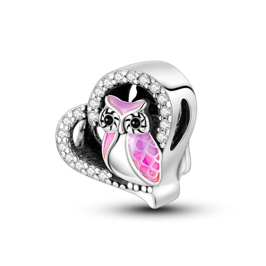 Charm cœur hibou rose en argent Default Title - Korell charms