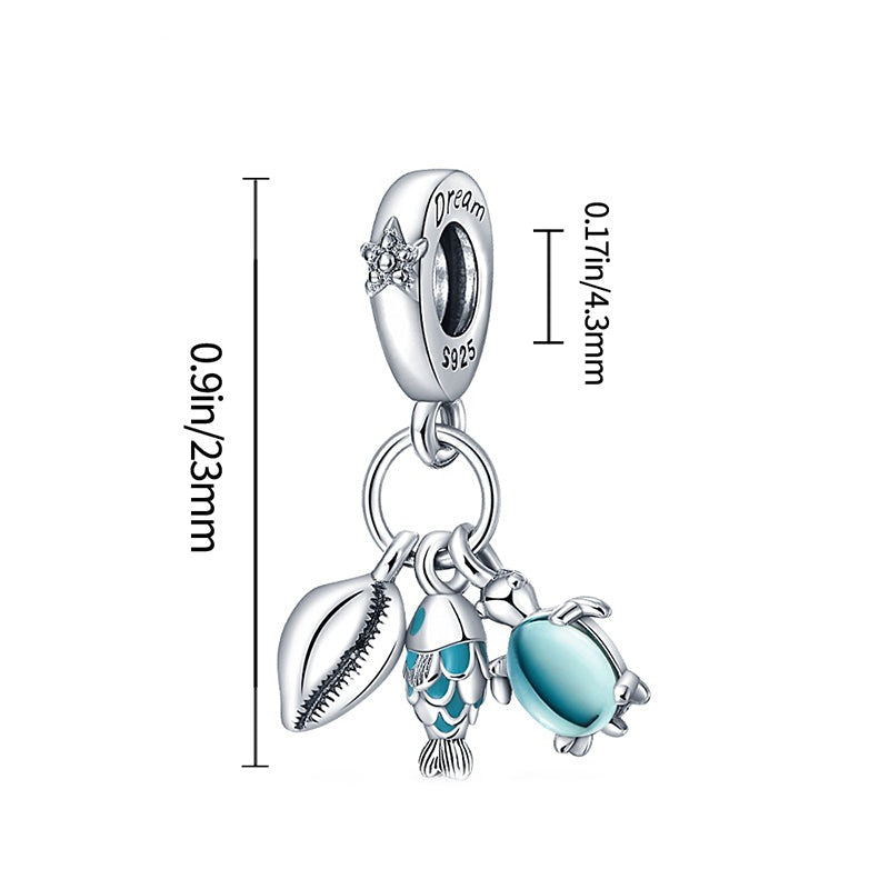 Charm pendentif triple coquillage, tortue de mer et poisson en argent - Korell charms