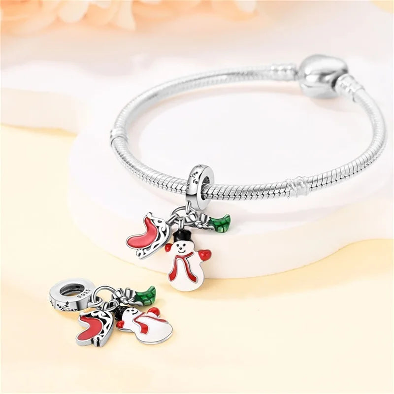 Charm pendentif triple bonhomme de neige, traineau et chaussette de Noël en argent - Korell charms