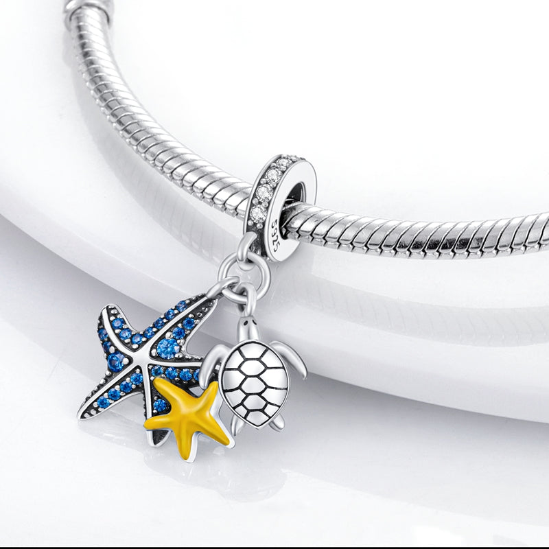 Charm pendentif double étoiles de mer et tortue en argent - Korell charms